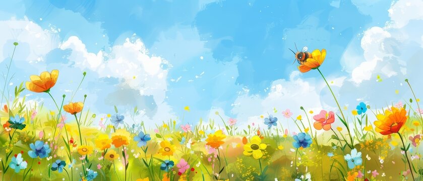 A kawaii watercolor of a busy bee pollinating a field of wildflowers under a bright summer sky, Clipart isolated on white