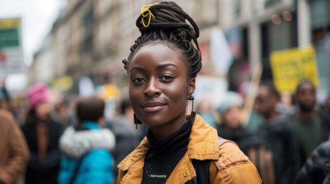 Black History Month. Confident young woman with dreadlocks standing in a crowded street