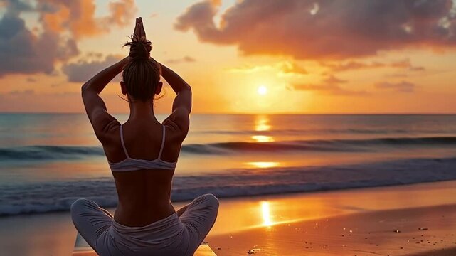 a woman sitting on the beach at sunrise or sunset footage