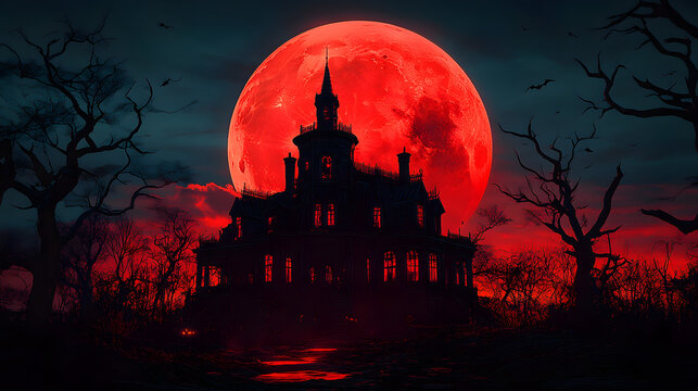 halloween, creepy house with a large red moon in the background