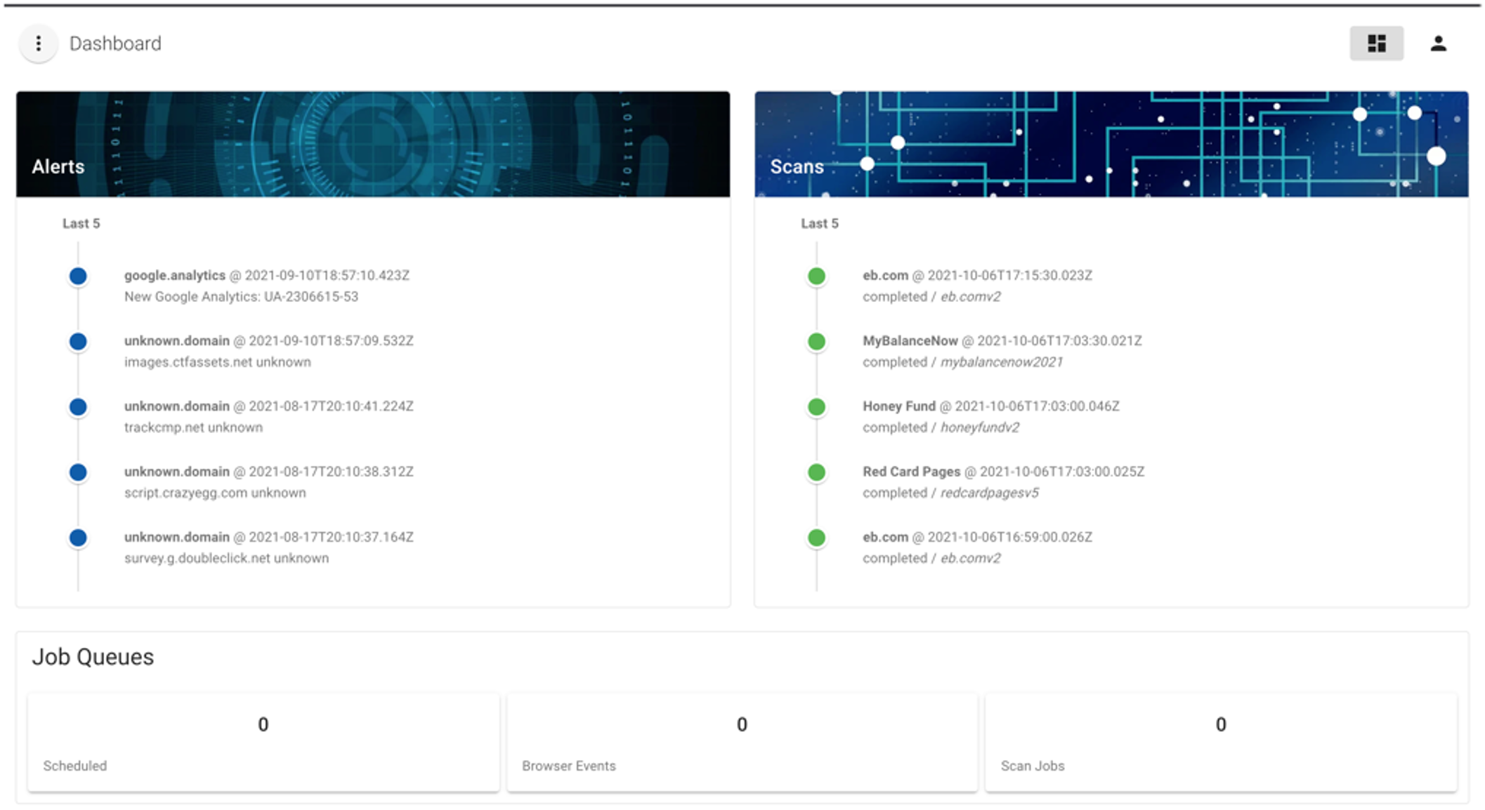 Screenshot of Merry Maker dashboard with the left column showing alerts with time stamps and the right column showing the last five scans performed.