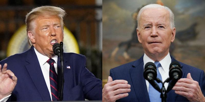 Donald Trump speaking (left) Joe Biden delivers speech (right)