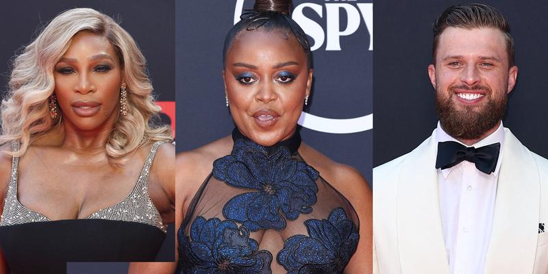 A collage of Serena Williams with Quinta Brunson and Harrison Butker smiling on ESPY red carpet