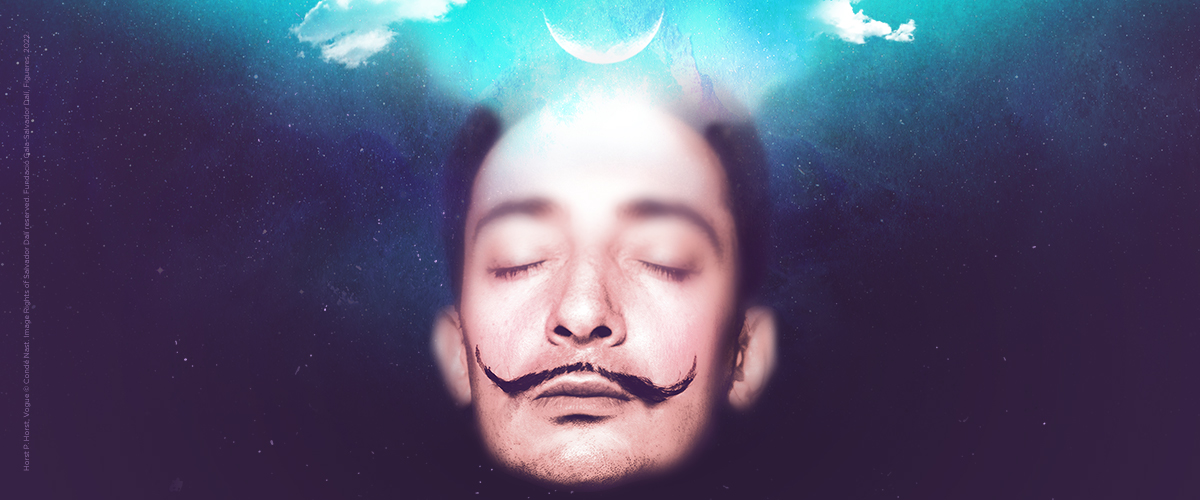 Salvador Dali with dreamscape emerging from top of head