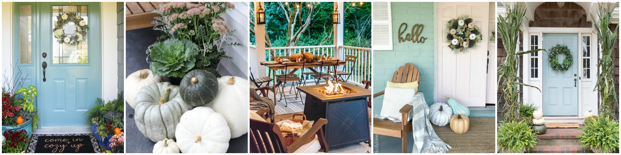 Neutral Fall Porch with Pumpkins and Cornstalks