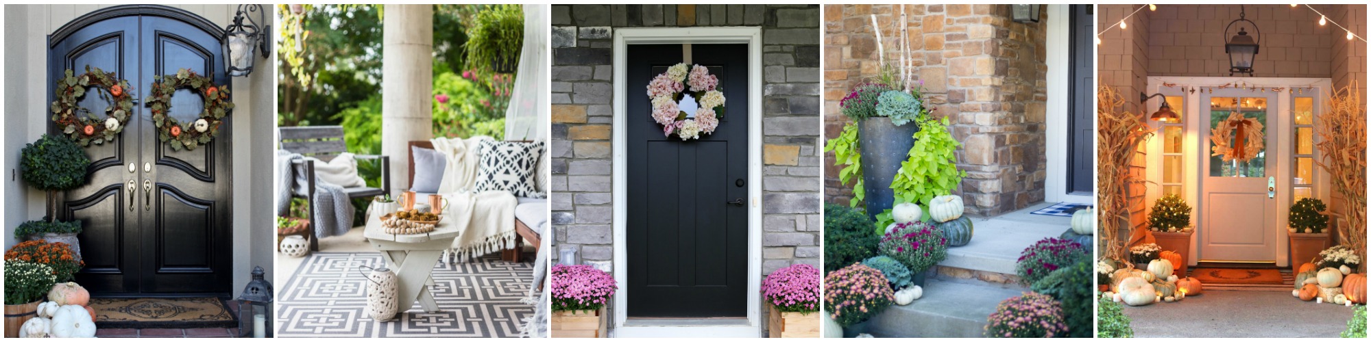 Neutral Fall Porch with Pumpkins and Cornstalks