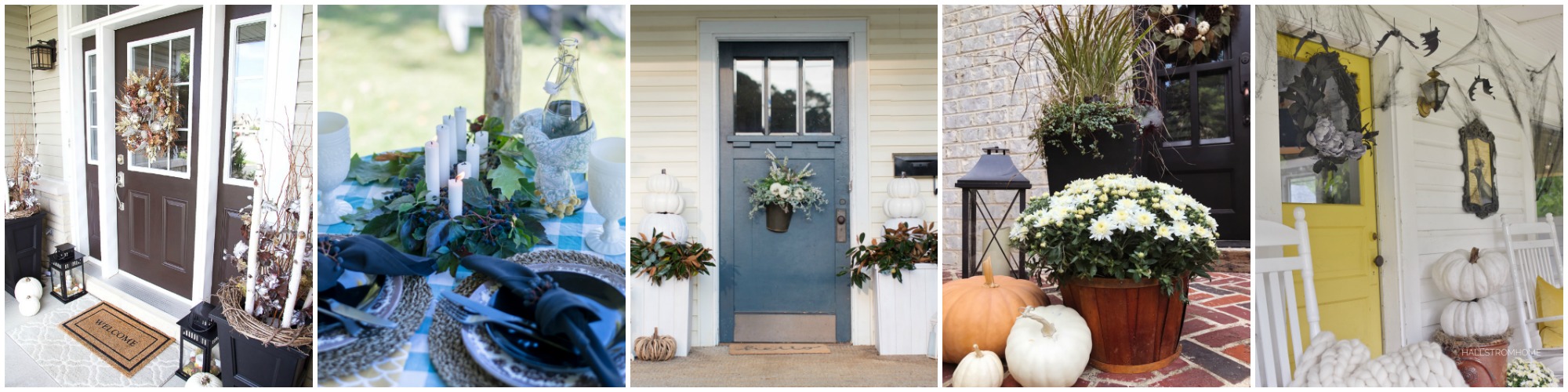 Neutral Fall Porch with Pumpkins and Cornstalks