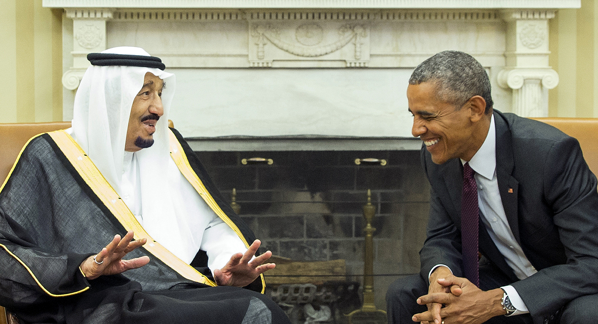 President Barack Obama, right, meets with King Salman of Saudi Arabia in the Oval Office of the White House, on Friday, Sept. 4, 2015, in Washington. The meeting comes as Saudi Arabia seeks assurances from the U.S. that the Iran nuclear deal comes with the necessary resources to help check Iran’s regional ambitions.   (AP Photo/Evan Vucci)