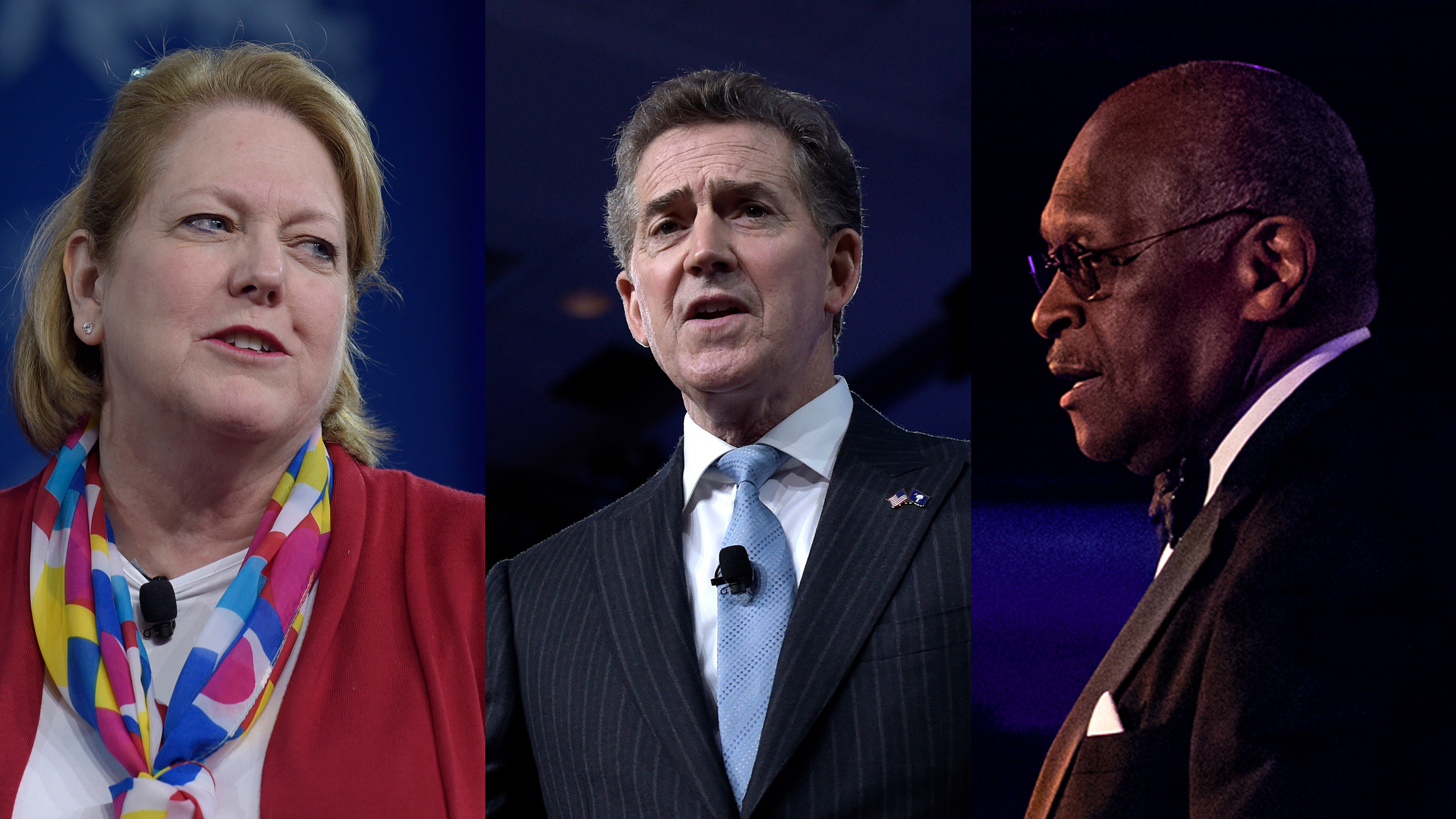 Top photo: From left, Ginni Thomas, wife of Supreme Court Justice Clarence Thomas and a special correspondent for the Daily Caller, and Heritage Foundation President, former South Carolina Sen. Jim DeMint, both speak at the Conservative Political Action Conference on Feb. 23, 2017. At right, Herman Cain speaks at the Third Annual Multicultural Media Correspondents Dinner at the National Press Club in Washington, D.C. on May 24, 2018.