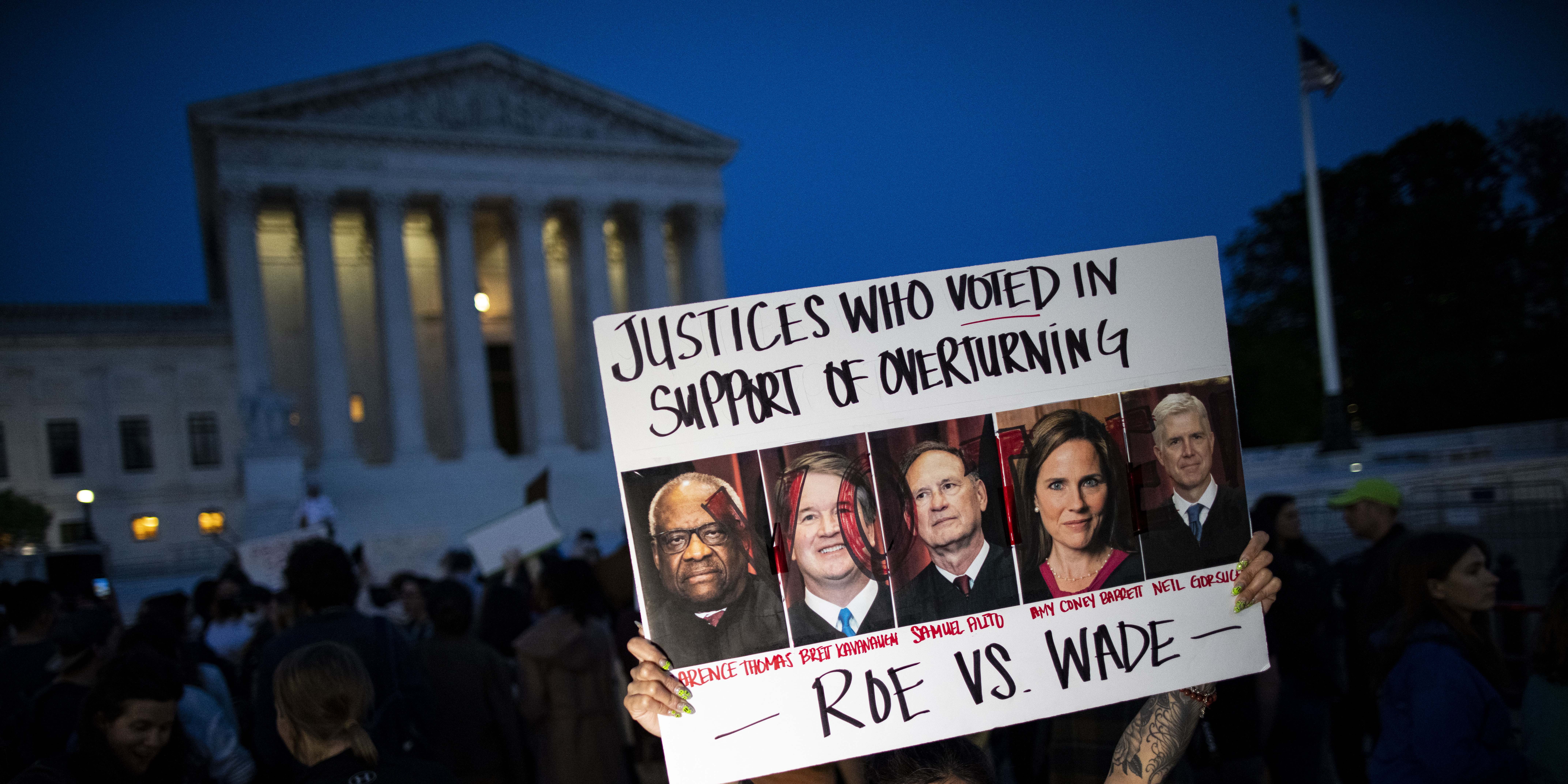 Abortion rights demonstrators during a protest outside the U.S. Supreme Court in Washington, D.C., U.S., on Tuesday, May 3, 2022. Abortion rights suddenly emerged as an issue that could reshape the battle between Democrats and Republicans for control of Congress, following a report that conservatives on the U.S. Supreme Court were poised to strike down the half-century-old Roe v. Wade precedent. Photographer: Al Drago/Bloomberg via Getty Images