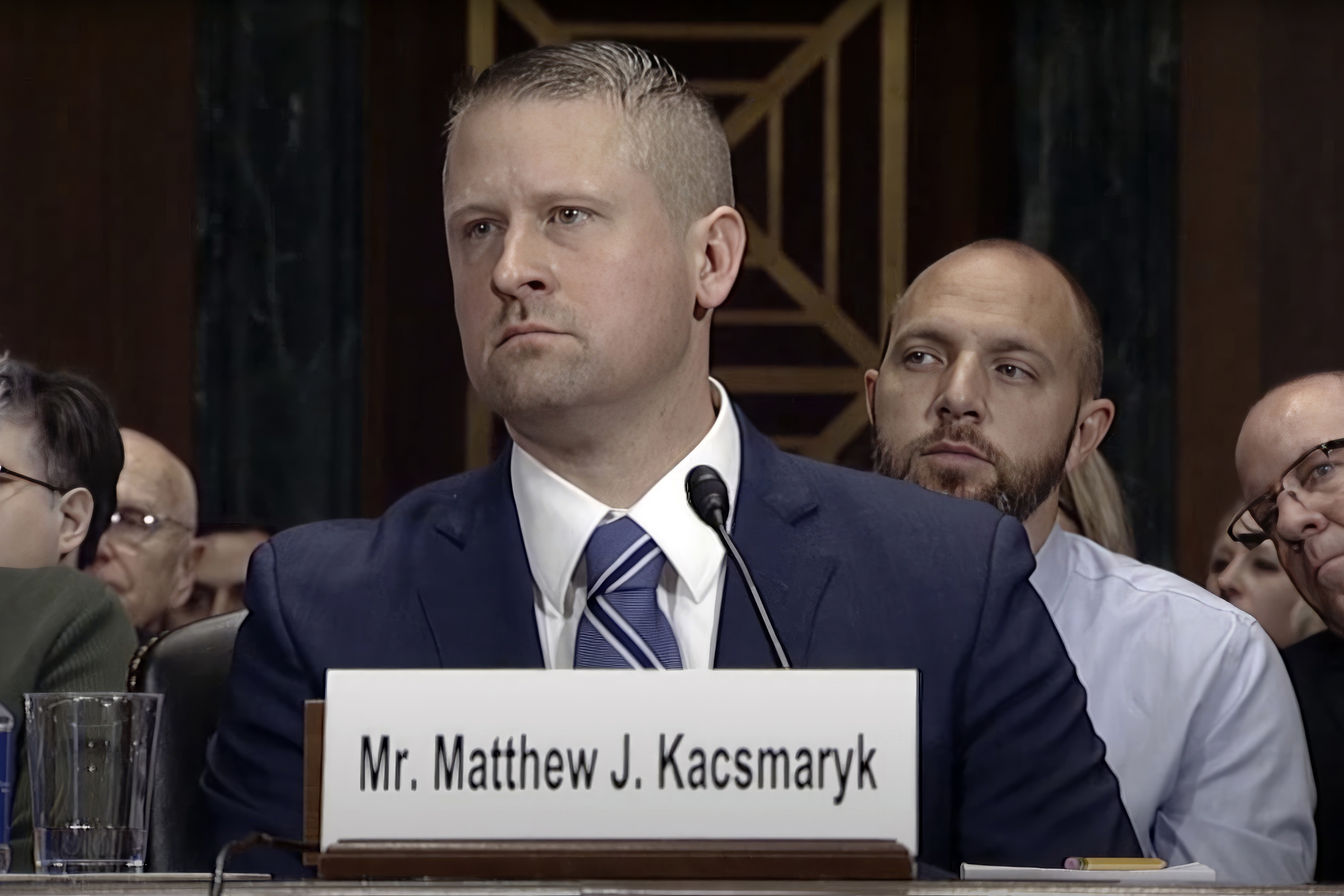 In this image from video from the Senate Judiciary Committee, Matthew Kacsmaryk listens during his confirmation hearing before the Senate Judiciary Committee on Capitol Hill in Washington, on Dec. 13, 2017.  Kacsmaryk, a Texas judge who sparked a legal firestorm with an unprecedented ruling halting approval of the nation's most common method of abortion, Friday, April 7, 2023, is a former attorney for a religious liberty legal group with a long history pushing conservative causes.  (Senate Judiciary Committee via AP)