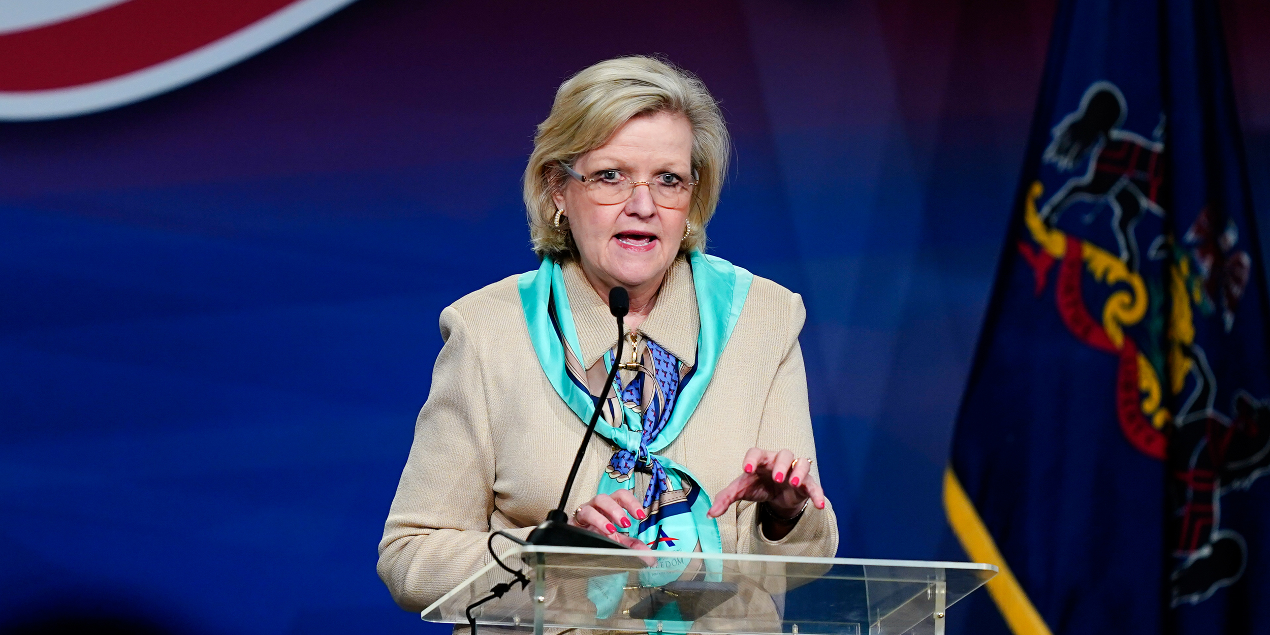 Cleta Mitchell speaks at the Pennsylvania Leadership Conference in Camp Hill, Pa., Friday, April 1, 2022. (AP Photo/Matt Rourke)