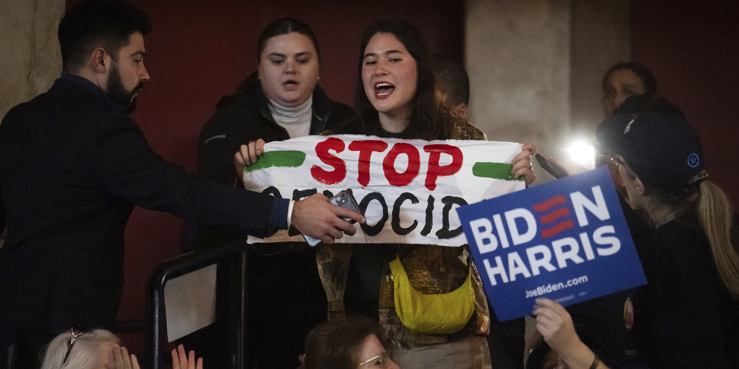 A pro-Palestinian demonstrator interrupts President Joe Biden's remarks during a campaign event in support of abortion rights at George Mason University in Manassas, VA., on Tuesday, January 23, 2024. (Photo by Craig Hudson/Sipa USA)(Sipa via AP Images)