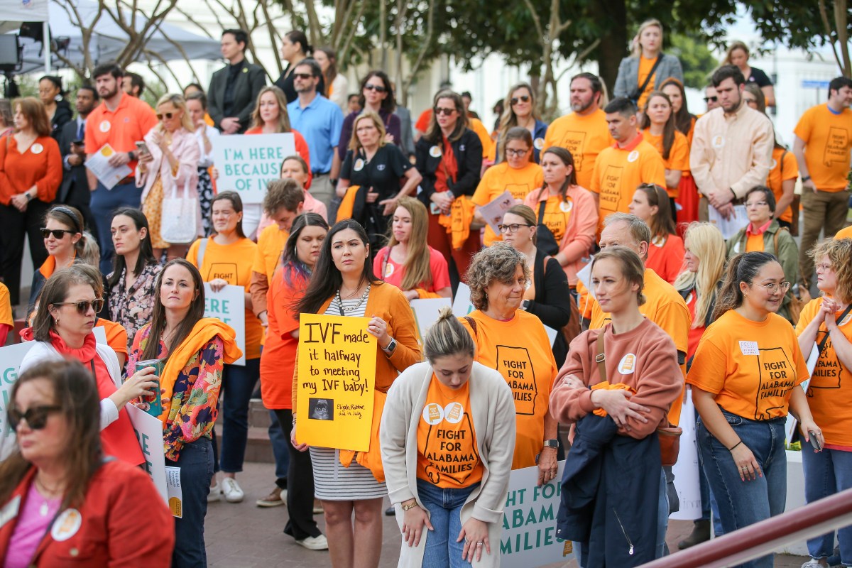 IMAGE DISTRIBUTED FOR RESOLVE: THE NATIONAL INFERTILITY ASSOCIATION - Patients, infertility doctors and advocates of IVF attend a rally outside the Alabama State House on Wednesday, Feb. 28, 2024 in Montgomery, Ala. The rally was organized at the Alabama State Capitol to decry the recent Alabama Supreme Court ruling that embryos are considered children, which led to the suspension of IVF treatments in the state. (Stew Milne/AP Images for RESOLVE: The National Infertility Association)