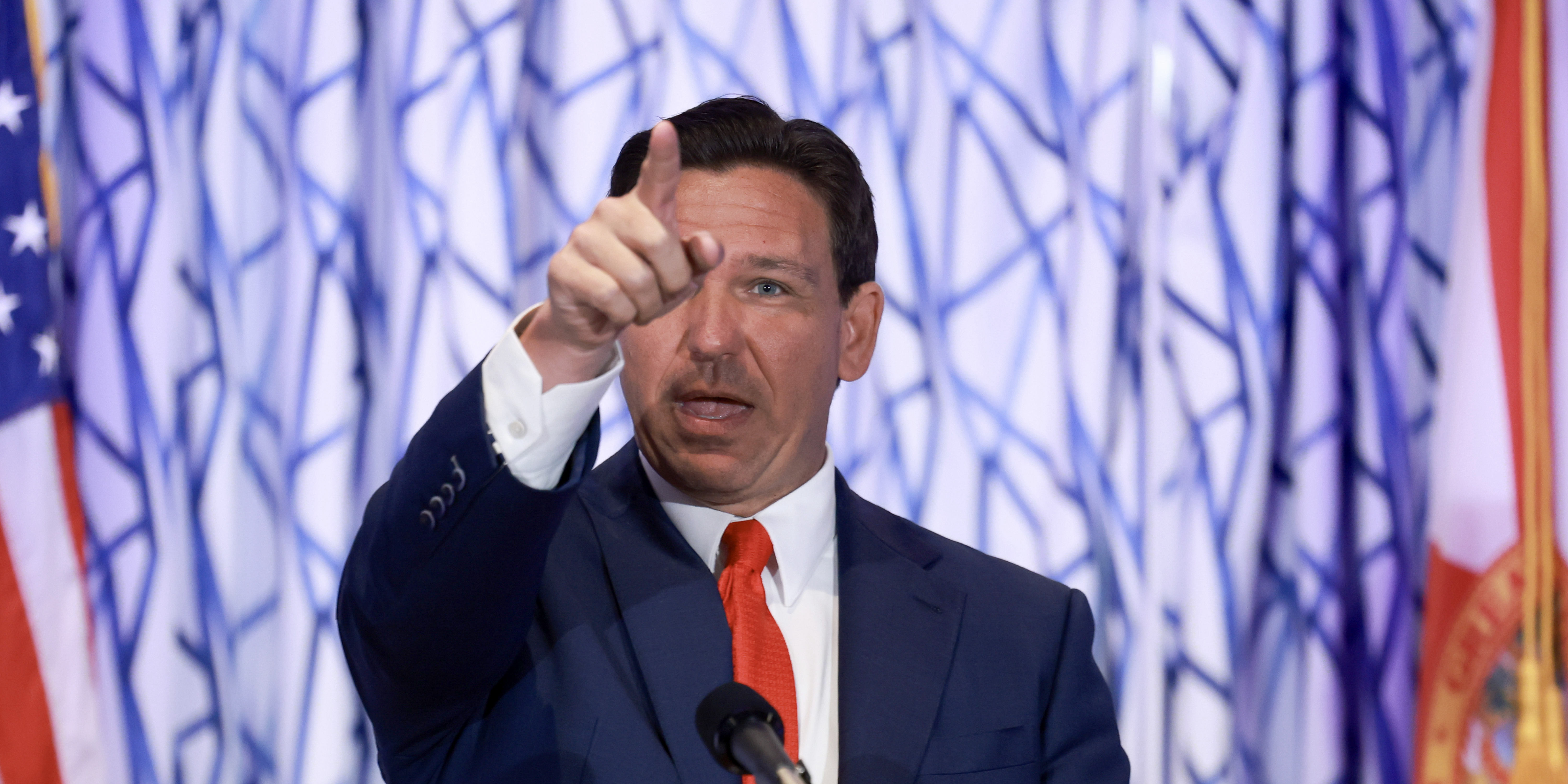 MIAMI BEACH, FLORIDA - MARCH 20: Florida Gov. Ron DeSantis during a news conference on March 20, 2024 in Miami Beach, Fla., where he signed a state law addressing homelessness.(Photo by Joe Raedle/Getty Images)