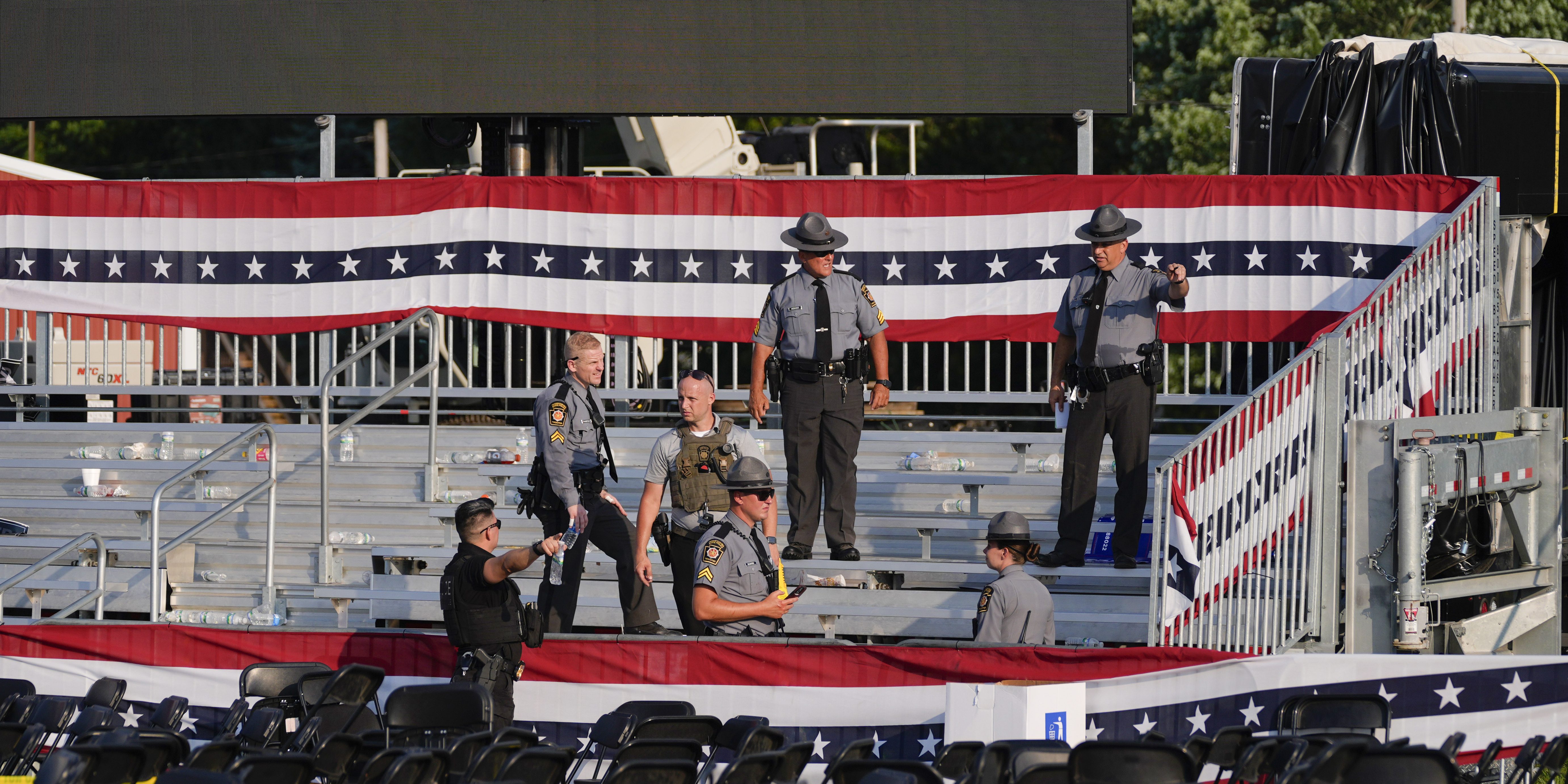 Law enforcement at the scene of an attack that injured former President Donald Trump on Saturday, July 13, 2024, in Butler, Pa.