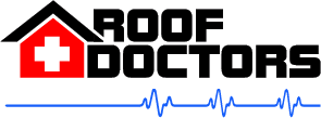 black roof doctors logo featuring a simple house icon on its left with a medical cross sign in the middle and a blue pulse rate at the bottom on a transparent background