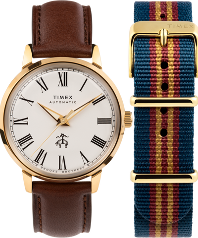 TWG029900 Timex x Brooks Brothers Gold Tone Marlin® Automatic 38mm Leather Strap and Fabric Strap Set Primary Image