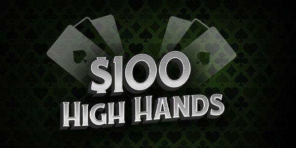 Graphic with a background of playing card suits showing the text "$100 High Hands.