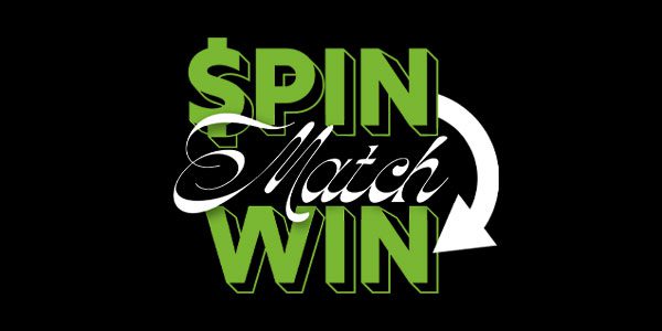 Text: "$pin Match Win" with "$pin" and "Win" in green block letters, "Match" in cursive white, and a white circular arrow pointing from "$pin" to "Win" on a black background.