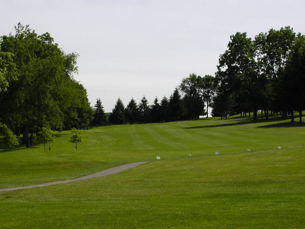 A golf course with trees and grass on the side.