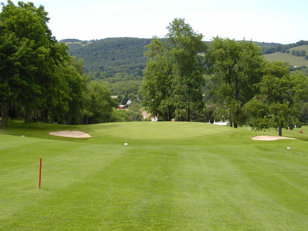 A golf course with trees and hills in the background.