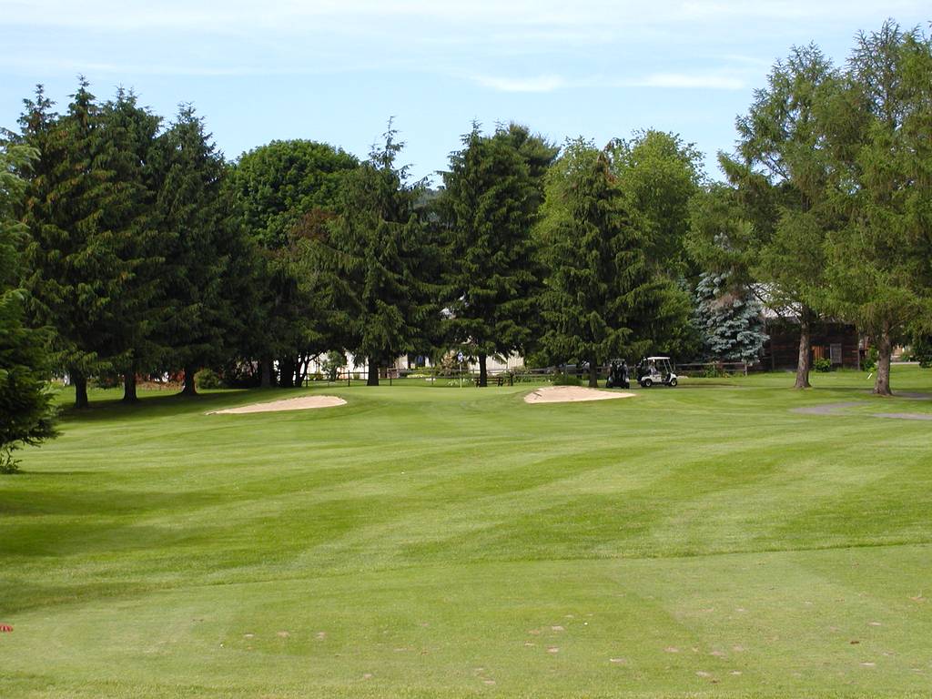 A golf course with trees and sand traps.