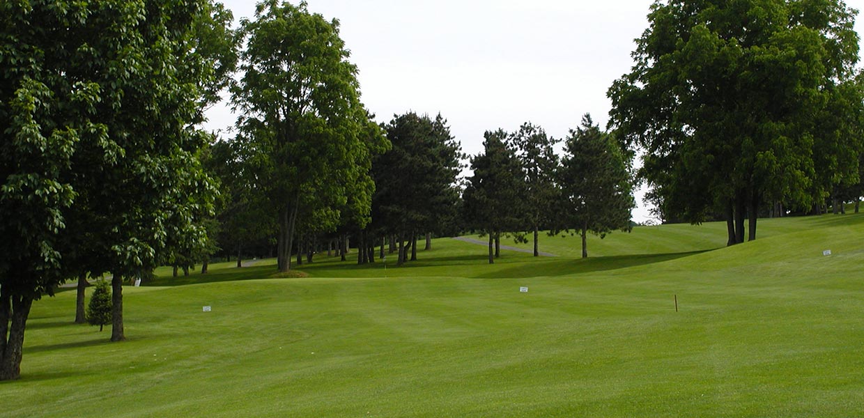 A golf course with many trees and grass.
