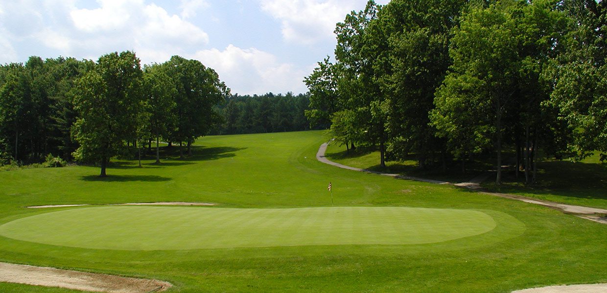 A golf course with trees and grass on the side.