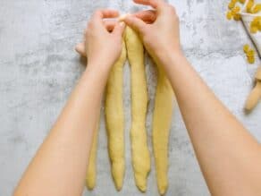 Overhead shot of two hands pinching the tops of 4 strands of challah dough together.