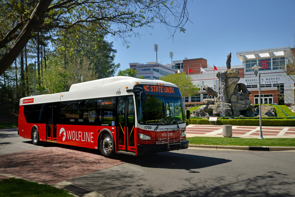 Murphy Football Center and Wolfline bus at Carter-Finley Stadium.