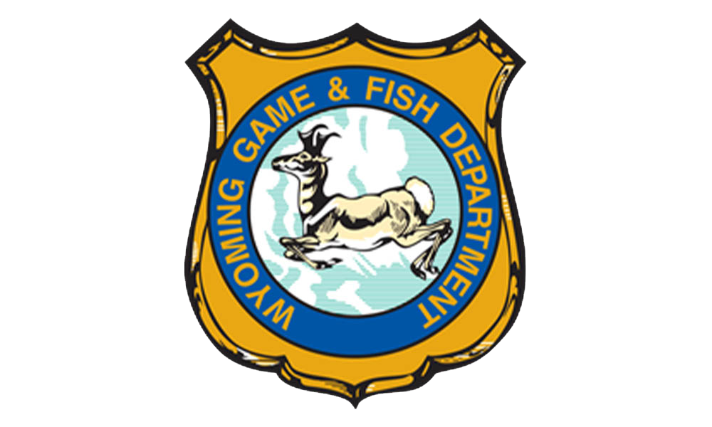 Wyoming Game & Fish Department Logo. Yellow badge with black accents. A blue circle with the words Wyoming Game & Fish Department in yellow around the circle with an image of an Antelope in the middle