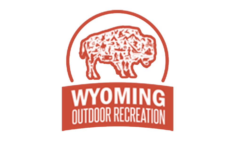 Wyoming outdoor Recreation logo Red semi circle with a white buffalo with a red outline with red images of outdoor activities inside the buffalo. There is a read banner across the bottom with white lettering with the words Wyoming Outdoor Recreation