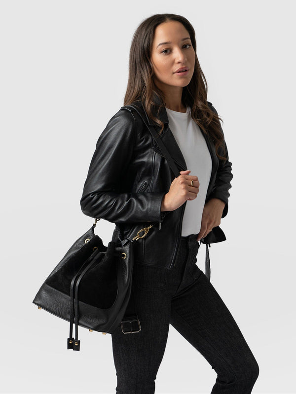 Brompton Bucket Bag - Black Suede Pebble