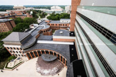 The view of the School of Public Health through the tunnel.