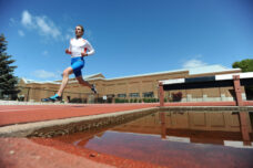 The men's track and field team trains on the Ferry Field track.