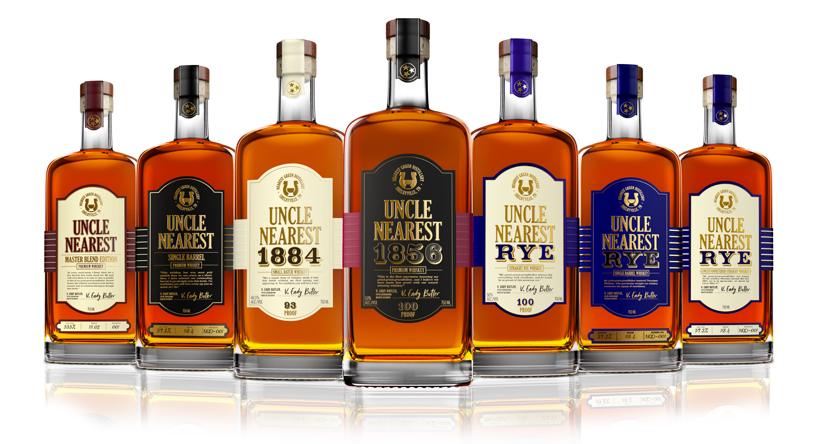 7 different Uncle Nearest Whiskey Bottles