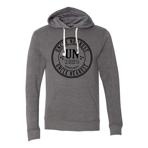 A heather gray hoodie with a circular version of the Uncle Nearest logo