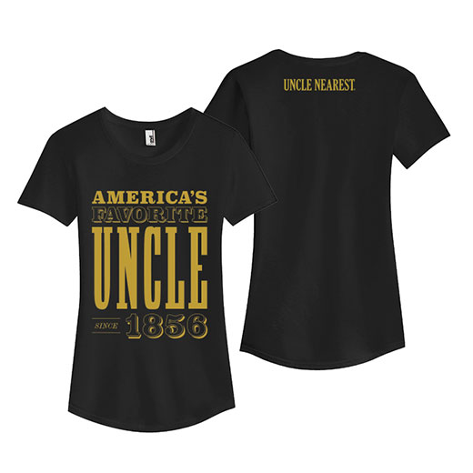 Black women's shirt with the gold lettering that reads Americas favorite uncle 1856