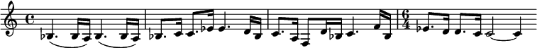  \relative c' { \clef treble \time 4/4 \tempo 4 = 60 \set Score.tempoHideNote = ##t bes4.( bes16 a) bes4.( bes16 a) | bes8. c16 c8. ees16 ees4. d16 bes | c8. a16 f8 d'16 bes c4. f16 bes, | \time 6/4 ees8. d16 d8. c16 c2~ c4 } 