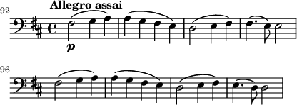 
\layout {
  indent = 0
  ragged-right = ##t
}
\new Score {
  #(set-default-paper-size "b6")
  \new Staff {
    \relative c, {
      \set Staff.midiInstrument = #"cello"
      \set Score.currentBarNumber = #92
      \time 4/4
      \key d \major
      \clef "bass_8"
      \omit Staff.ClefModifier
      \tempo 2 = 60
      \omit Score.MetronomeMark
      \bar ""
      fis2\p^\markup { \halign #-0.5 \bold "Allegro assai" }( g4 a) | a4( g fis e) | d2( e4 fis) | fis4.( e8) e2 | \break
      fis2( g4 a) | a4( g fis e) | d2( e4 fis) | e4.( d8) d2
    }
  }
}
