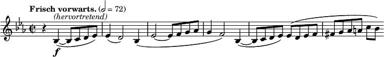  \new Staff \relative c' {
  \clef treble \time 2/2 \key ees \major \tempo "Frisch vorwarts." 2=72 \set Staff.midiInstrument = #"french horn"
  r4 bes-\f^\markup{\italic "(hervortretend)"}~(bes8 c d ees) ees4(d2)
  bes4(ees2~ees8 f g aes g4 f2) bes,4(~bes8 c d ees) ees(d ees f fis g aes a c[bes])
} 