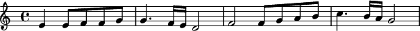 {\time 4/4 \skip4 e' e'8 f' f' g' g'4. f'16 e' d'2 f' f'8 g' a' b' c''4. b'16 a' g'2}