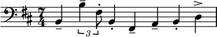 \relative c {\key b \minor \time 7/4  \clef bass b-- \times 2/3 {b'4-- fis8-.} b,4-. fis-- a-- b-. d->} 