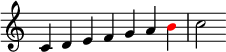   {
\override Score.TimeSignature #'stencil = ##f
\relative c' {
  \clef treble \key c \major \time 7/4 c4 d e f g a \once \override NoteHead.color = #red b c2
} }
