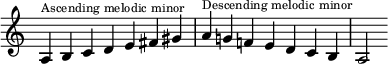  {
\override Score.TimeSignature #'stencil = ##f\relative c' {
  \clef treble \time 7/4 \hide Staff.TimeSignature
  \override Voice.TextScript.font-size = #-2
  a4^\markup { Ascending melodic minor } b c d e fis gis
  a^\markup { Descending melodic minor } g! f! e d c b a2 }
}

