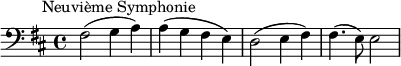 
\new Score {
  \new Staff {
    \relative c {
      \time 4/4
      \key d \major
      \clef bass
      \tempo 2 = 60
      \omit Score.MetronomeMark
        fis2^\markup {  \halign #-0.5 "Neuvième Symphonie"}( g4 a) | a4( g fis e) | d2( e4 fis) | fis4.( e8) e2
    }
  }
}
