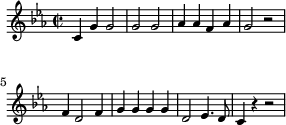 
\header { tagline = ##f }
\score {
  \new Staff \with{ \magnifyStaff #4/5 }{
    \key c \minor
    \once \omit Score.MetronomeMark
    \tempo 2 = 112
    \time 2/2
    \override Score.SpacingSpanner #'common-shortest-duration = #(ly:make-moment 1 8)
    \new Voice {
      \relative c' {c g' g2 g g aes4 aes f aes g2 r f4 d2 f4 g g g g d2 ees4. d8 c4 r r2}
    }
  }
  \layout {indent = 0\mm line-width = 70\mm}
  \midi {}
}
