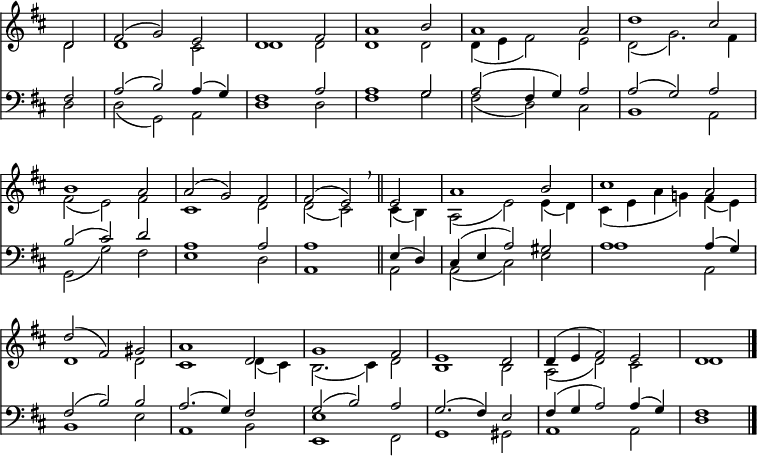 
<< <<
\new Staff { \clef treble \time 3/2 \partial 2 \key d \major \set Staff.midiInstrument = "flute" 
             \omit Staff.TimeSignature \set Score.tempoHideNote = ##t \override Score.BarNumber #'transparent = ##t
  \relative c'
  << { d2 | fis( g) e | d1 fis2 | a1 b2 | a1 a2 | d1 cis2 | \break
  b1 a2 | a( g) fis | fis( e) \breathe \bar"||" e | a1 b2 | cis1 a2 |
  d( fis,) gis | a1 d,2 | g1 fis2 | e1 d2 | d4( e fis2) e | d1 \bar"|." } \\
  { d2 | d1 cis2 | d1 d2 | d1 d2 | d4( e fis2) e | d( g2.) fis4 |
  fis2( e) fis | cis1 d2 | d( cis) cis4( b) | a2( e') e4( d) | cis( e a g!) fis( e) |
  d1 d2 | cis1 d4( cis) | b2.( cis4) d2 | b1 b2 | a( d) cis | d1 } >>
}
\new Staff { \clef bass \key d \major \set Staff.midiInstrument = "flute" \omit Staff.TimeSignature
  \relative c
  << { fis2 | a( b) a4( g) | fis1 a2 | a1 g2 | a( fis4 g) a2 | a( g) a |
  b( cis) d | a1 a2 | a1 e4( d) | cis( e a2) gis | a1 a4( g) |
  fis2( b) b | a2.( g4) fis2 | g( b) a | g2.( fis4) e2 | fis4( g a2) a4( g) | fis1 } \\
  { d2 | d( g,) a | d1 d2 | fis1 g2 | fis( d) cis | b1 a2 |
  g( g') fis | e1 d2 | a1 a2 | a( cis) e | a1 a,2 |
  b1 e2 | a,1 b2 | <e e,>1 fis,2 | g1 gis2 | a1 a2 | d1 } >>
}
>> >>
\layout { indent = #0 }
\midi { \tempo 2 = 68 }
