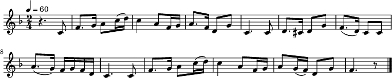 \relative c' {
  \new PianoStaff <<
   \new Staff { \key f \major \time 2/4 \tempo 4 = 60
   r4. c8|f8. g16 a8 c16( d)|c4 a8 f16 g|a8. f16 d8 g|c,4. c8|d8. cis16 d8 g|f8.( d16) c8 c|a'8.( g16) f g f d|c4. c8|f8. g16 a8 c16( d)|c4 a8 f16 g|a8 g16( f) d8 g|f4. r8 \bar "|."
   } >>
 }
